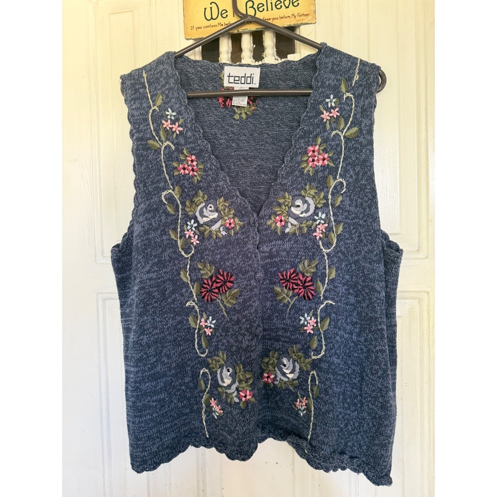 Teddi Vintage Blue Marl Floral Embroidered Knit Sweater Vest Scallop Trim Large